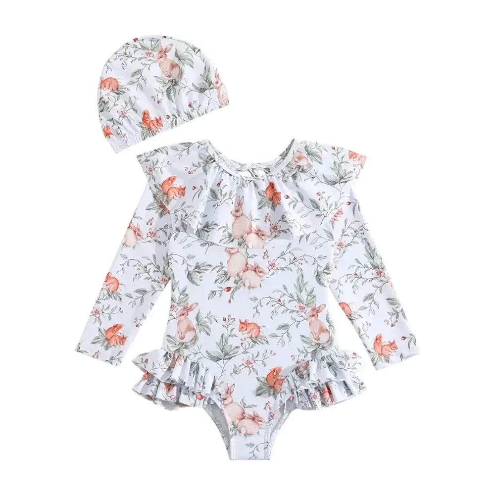 Traje de baño niña 2 piezas con diseño bosque – conejitos y ardillas