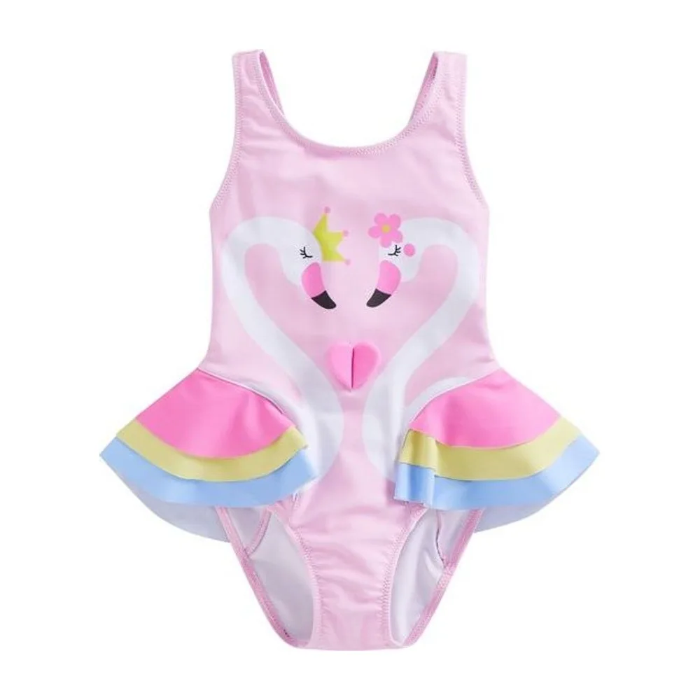 Traje de Baño Niña Cisnes Rosado con Vuelos