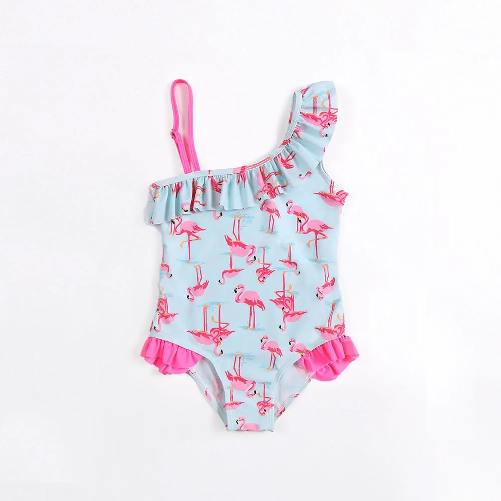 Traje de baño niña estampado de flamencos con volantes