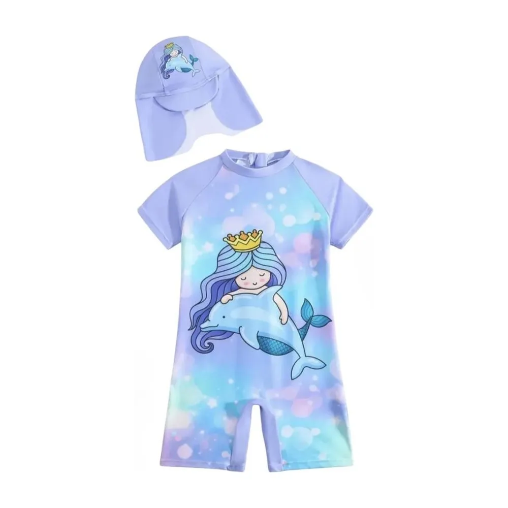 Traje de Baño Niña Completo con Gorrito – Sirena y Delfín en Tonos Pastel
