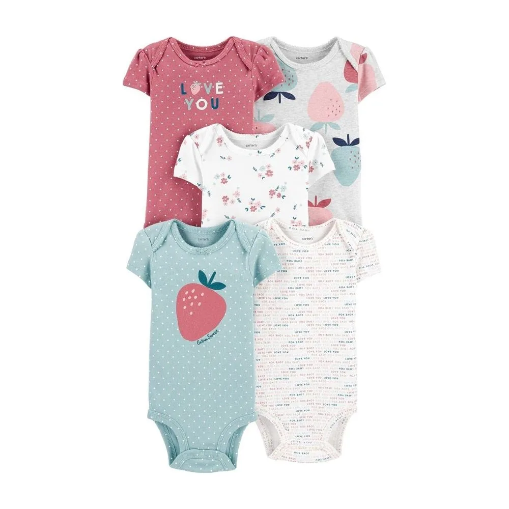 Set 5 Bodies Algodón Bebé Niña – Estampados Frutilla & Flores