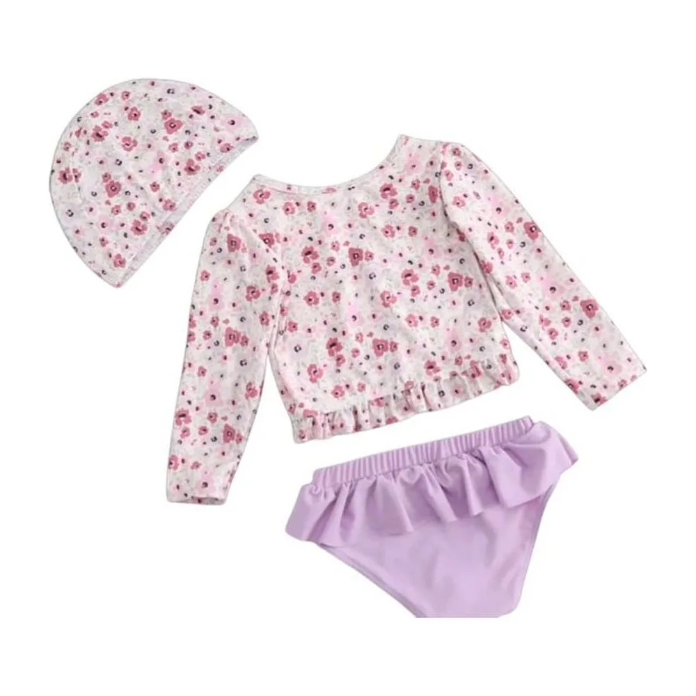 Traje de baño niña 3 piezas floral y lila con gorro